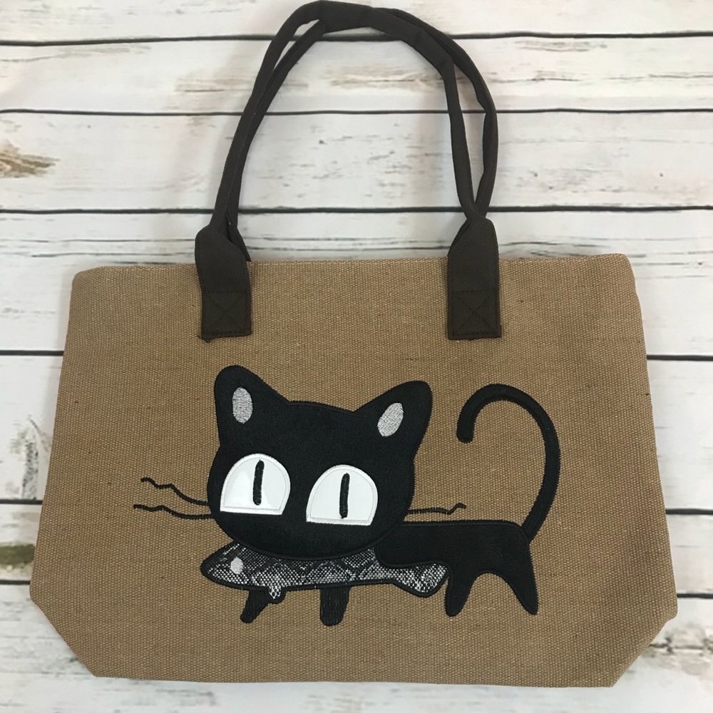 Cat with Fish Canvas Tote Handbag Purse - Picture 7 of 8